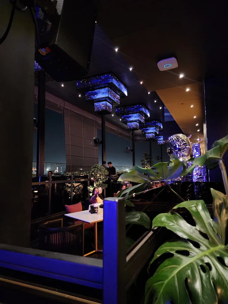 Star-box chandeliers glowing over the rooftop seating at night.